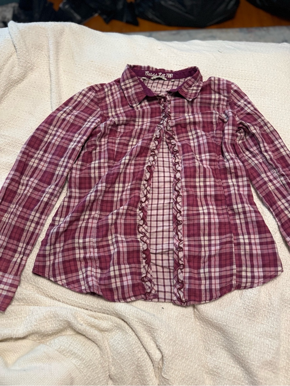 women Pink Plaid Ruffle-Trim Button-Up Shirt